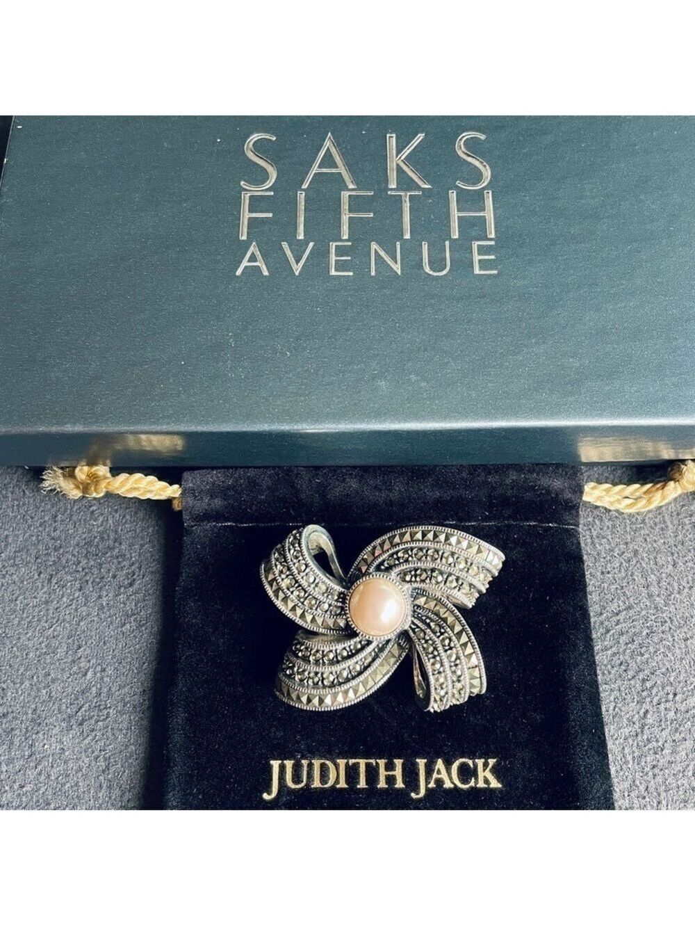 Vintage Rare Judith Jack Bow Ribbon Pearl Marcasite Sterling Silver Pin …